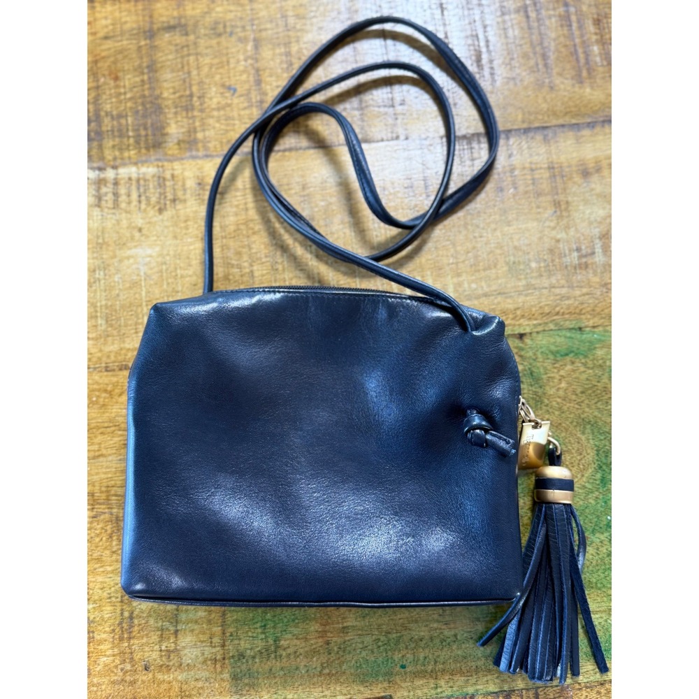 Tignanello vintage Navy Leather Crossbody Bag Small Tassel Zip Top Purse